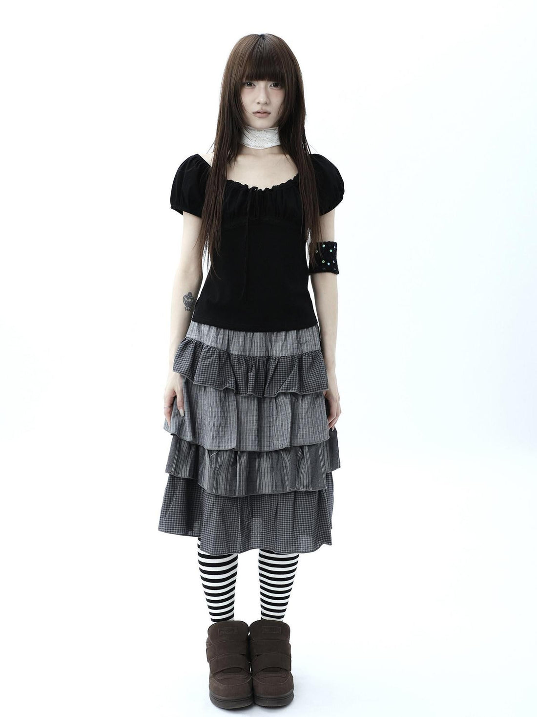 ang project Plaid Colorblock Layered Spliced Pleated Women&