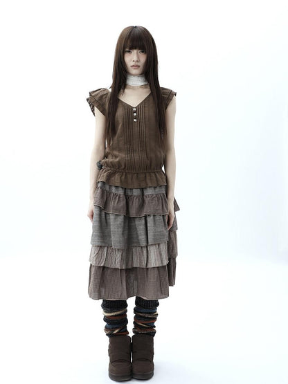 ang project Plaid Colorblock Layered Spliced Pleated Women&