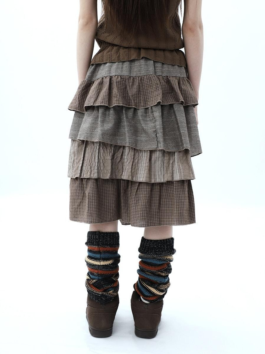 ang project Plaid Colorblock Layered Spliced Pleated Women&