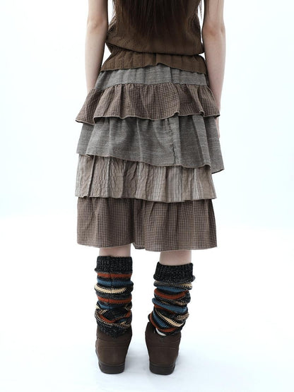 ang project Plaid Colorblock Layered Spliced Pleated Women&