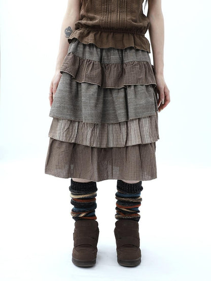 ang project Plaid Colorblock Layered Spliced Pleated Women&