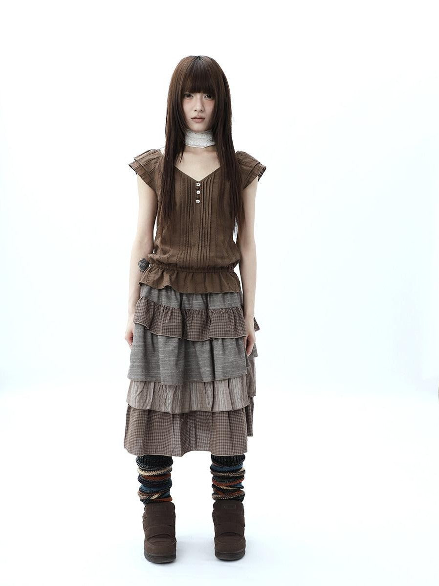 ang project Plaid Colorblock Layered Spliced Pleated Women&