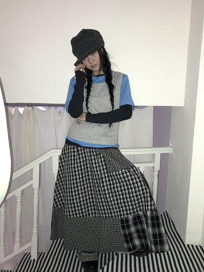 ang project Plaid Contrast Color Layered Retro Women&