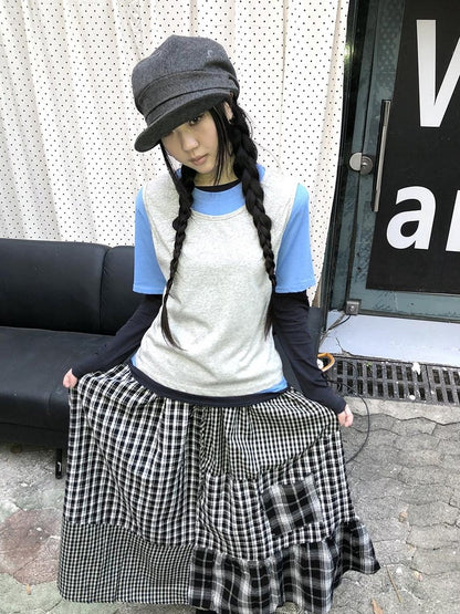 ang project Plaid Contrast Color Layered Retro Women&