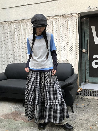 ang project Plaid Contrast Color Layered Retro Women&