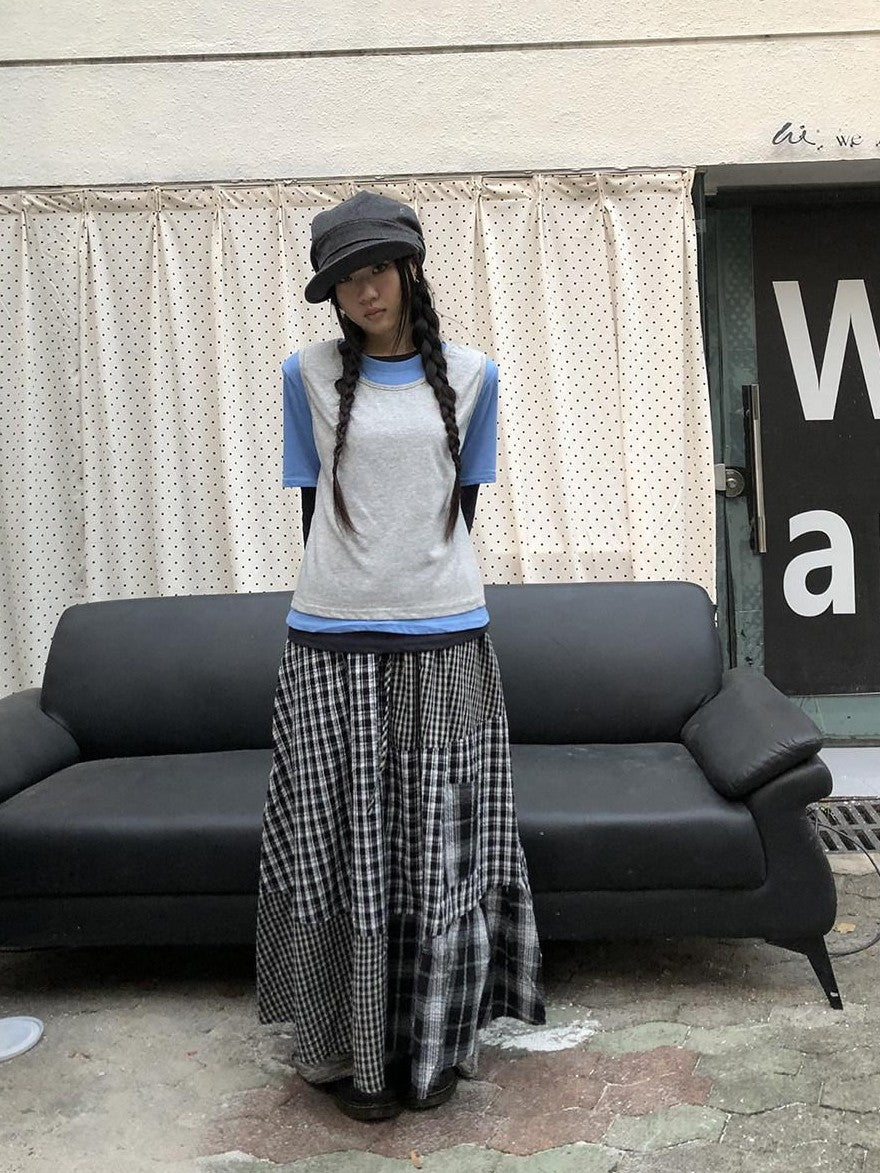 ang project Plaid Contrast Color Layered Retro Women&