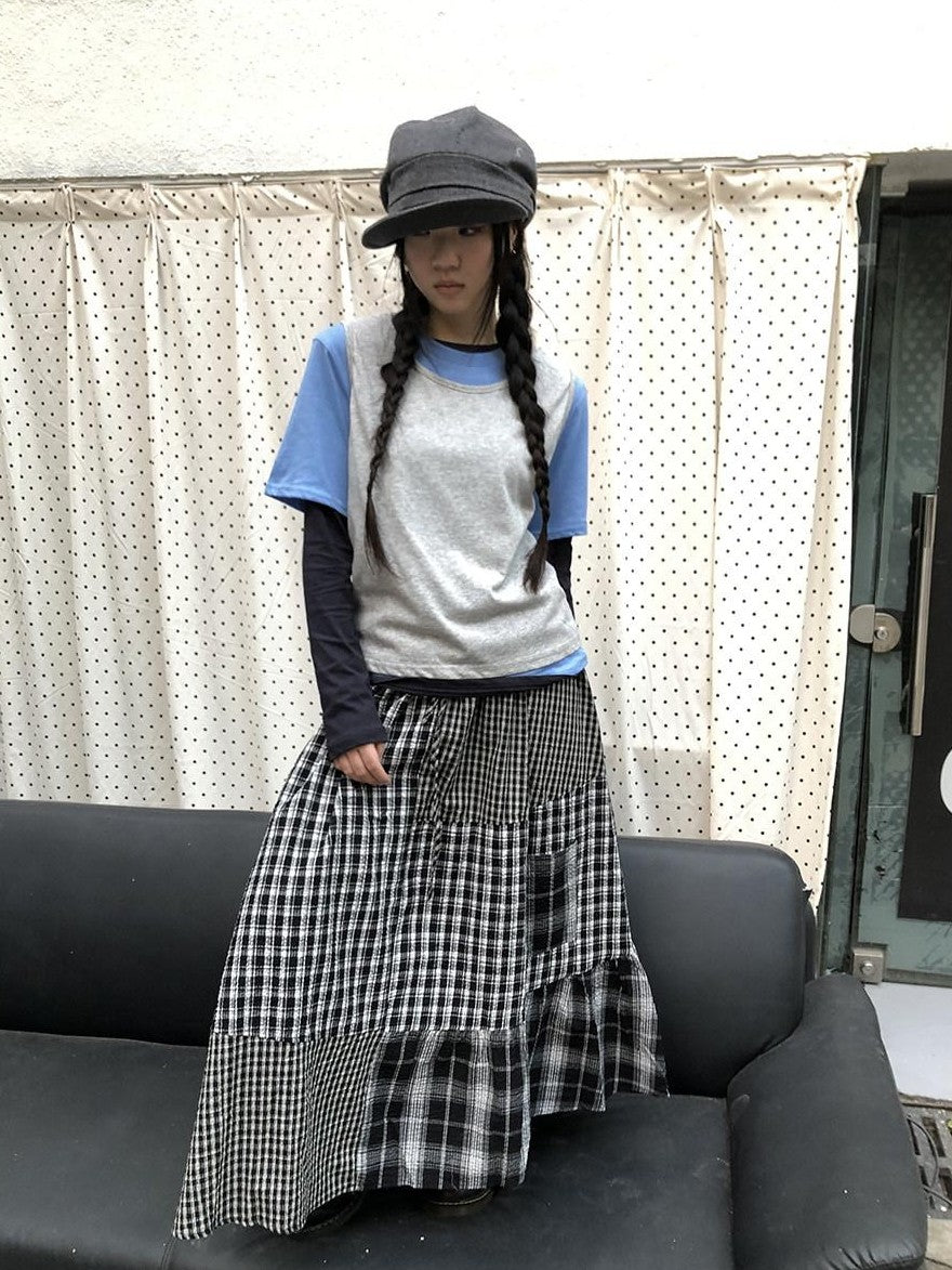 ang project Plaid Contrast Color Layered Retro Women&