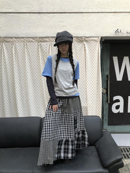 ang project Plaid Contrast Color Layered Retro Women&