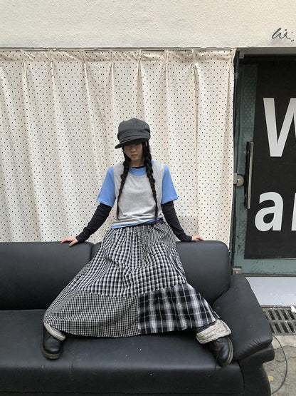 ang project Plaid Contrast Color Layered Retro Women&