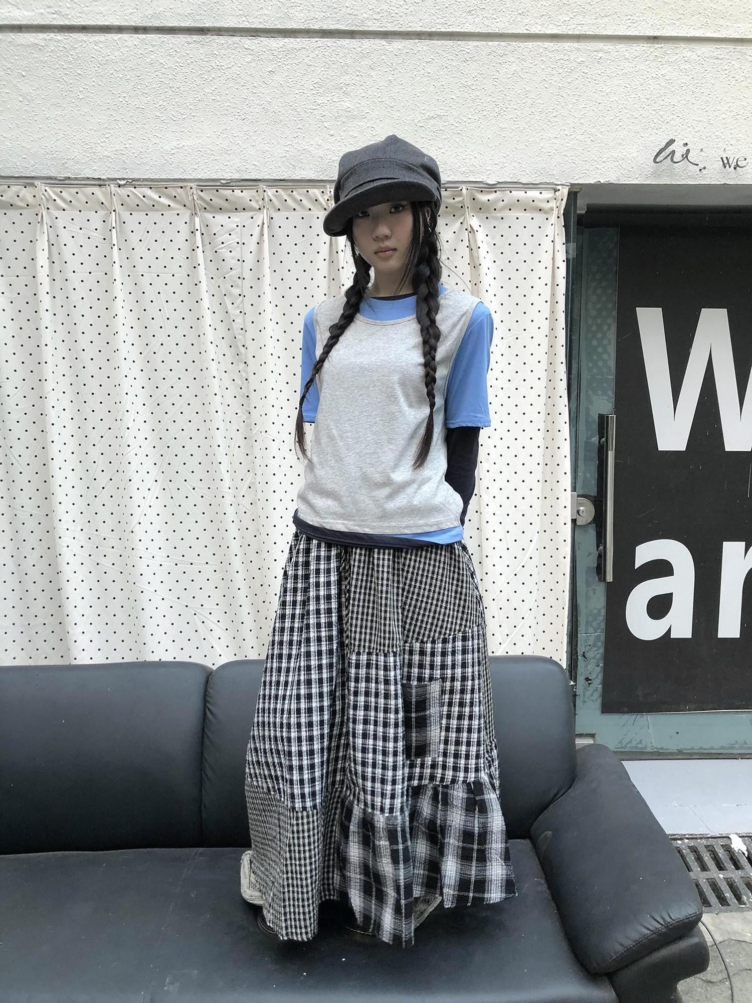 ang project Plaid Contrast Color Layered Retro Women&