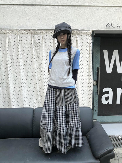 ang project Plaid Contrast Color Layered Retro Women&