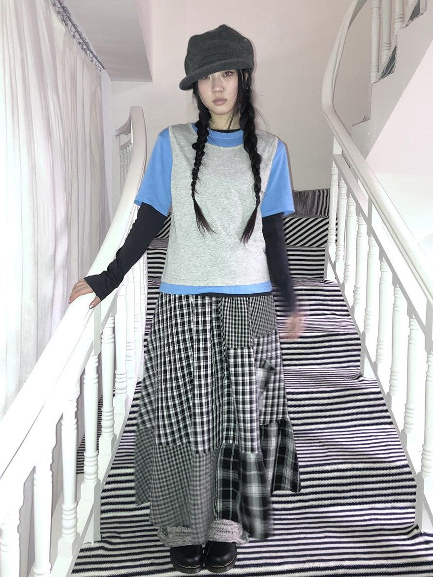 ang project Plaid Contrast Color Layered Retro Women&