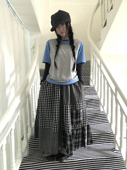 ang project Plaid Contrast Color Layered Retro Women&
