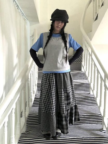 ang project Plaid Contrast Color Layered Retro Women&