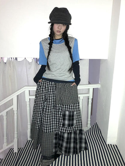 ang project Plaid Contrast Color Layered Retro Women&