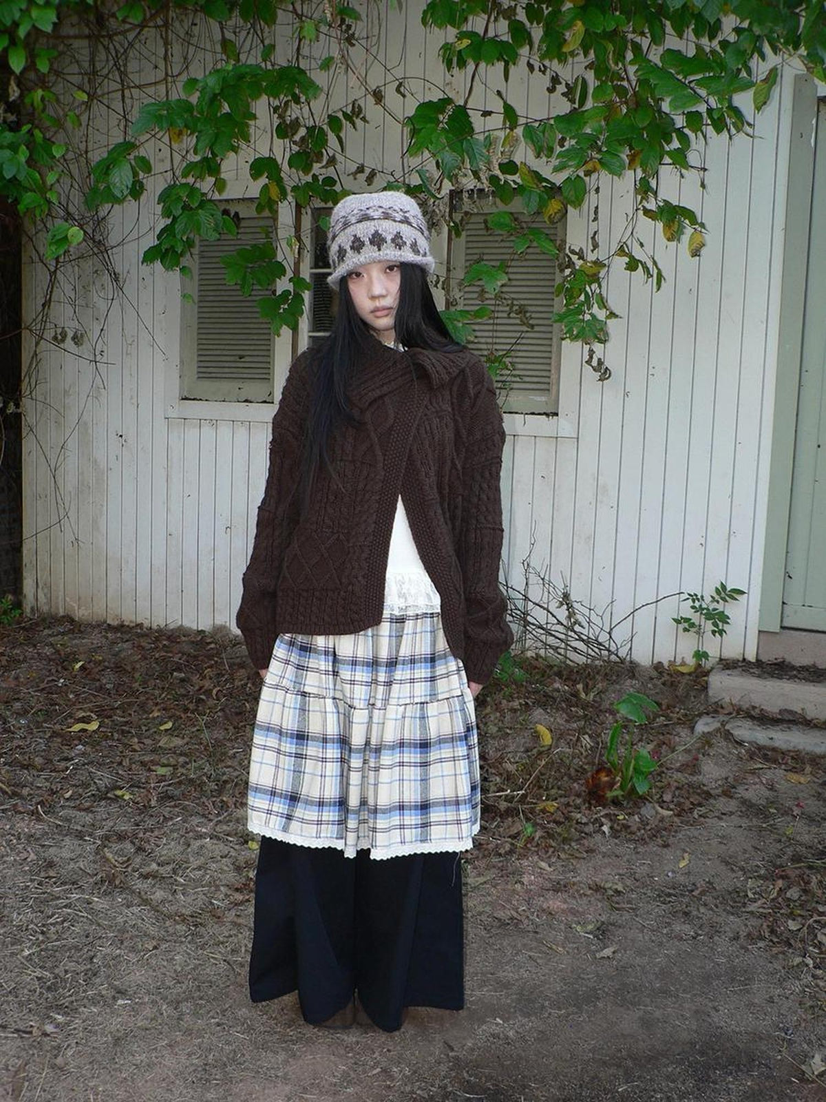 ang project Plaid Lace Splice High Waist Loose Faux Two Piece Women&