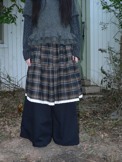 ang project Plaid Lace Splice High Waist Loose Faux Two Piece Women&