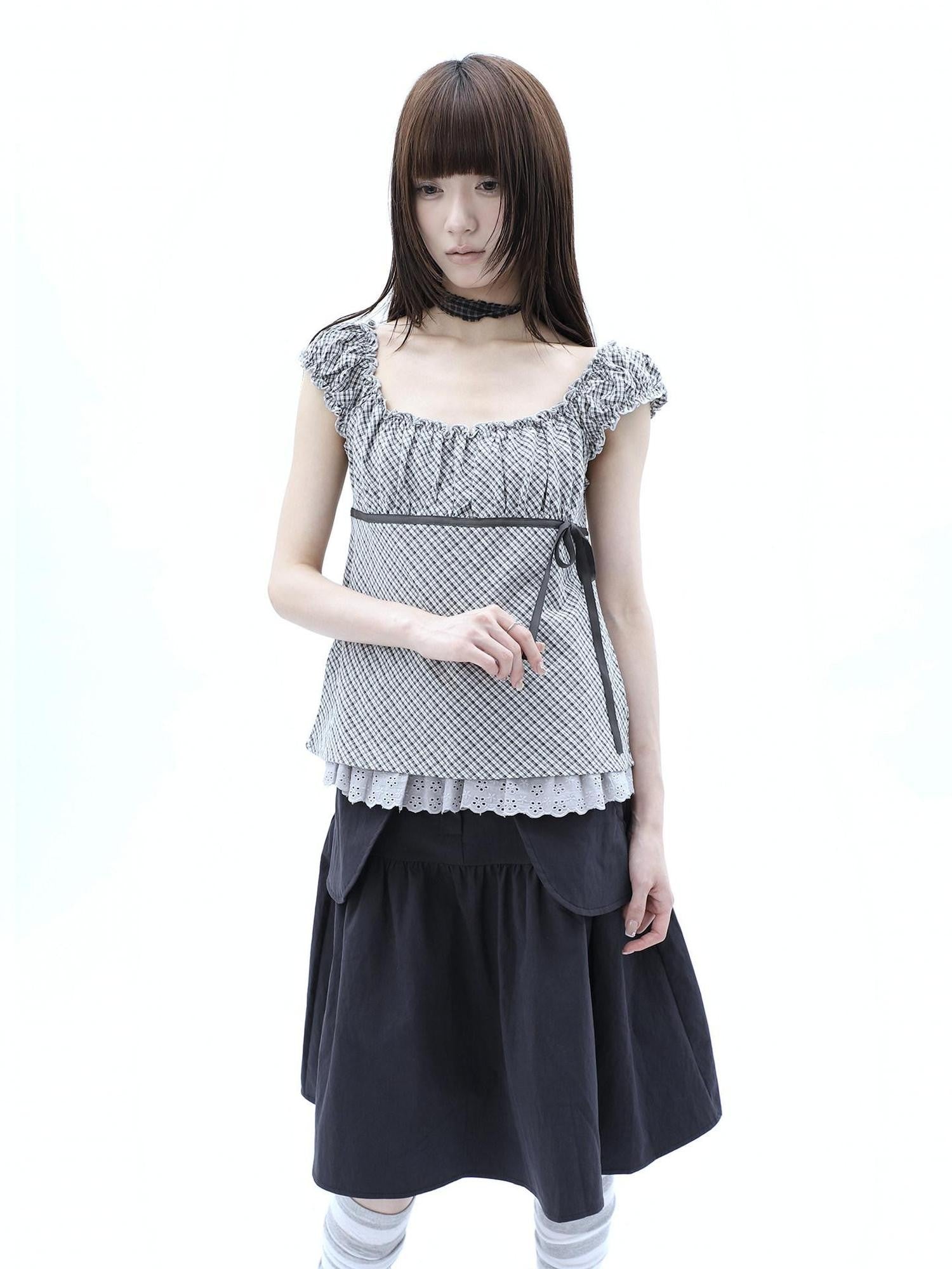ang project Plaid Lace Spliced Bow Tie Square Neck Women&