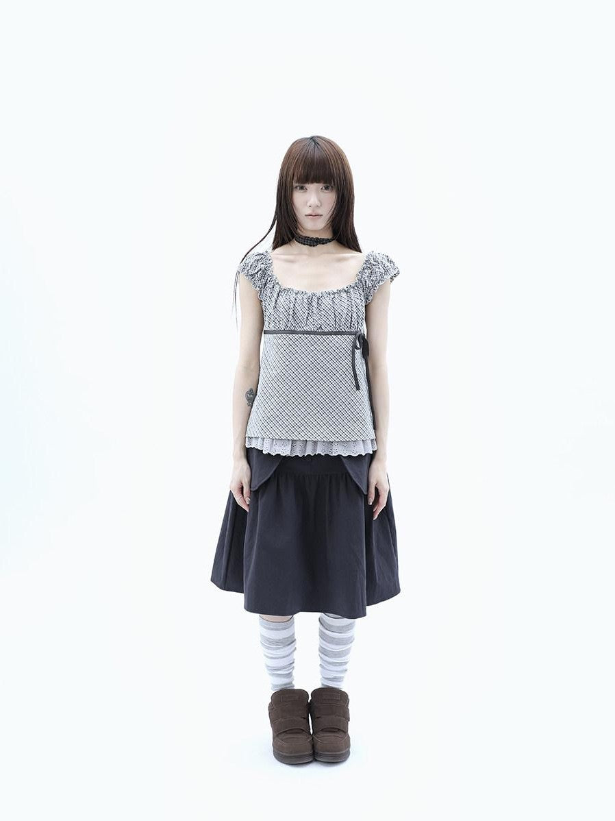 ang project Plaid Lace Spliced Bow Tie Square Neck Women&