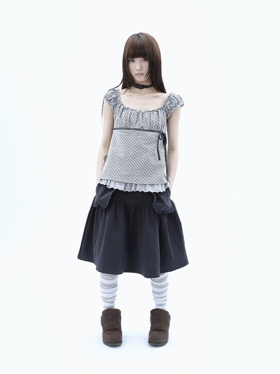 ang project Plaid Lace Spliced Bow Tie Square Neck Women&