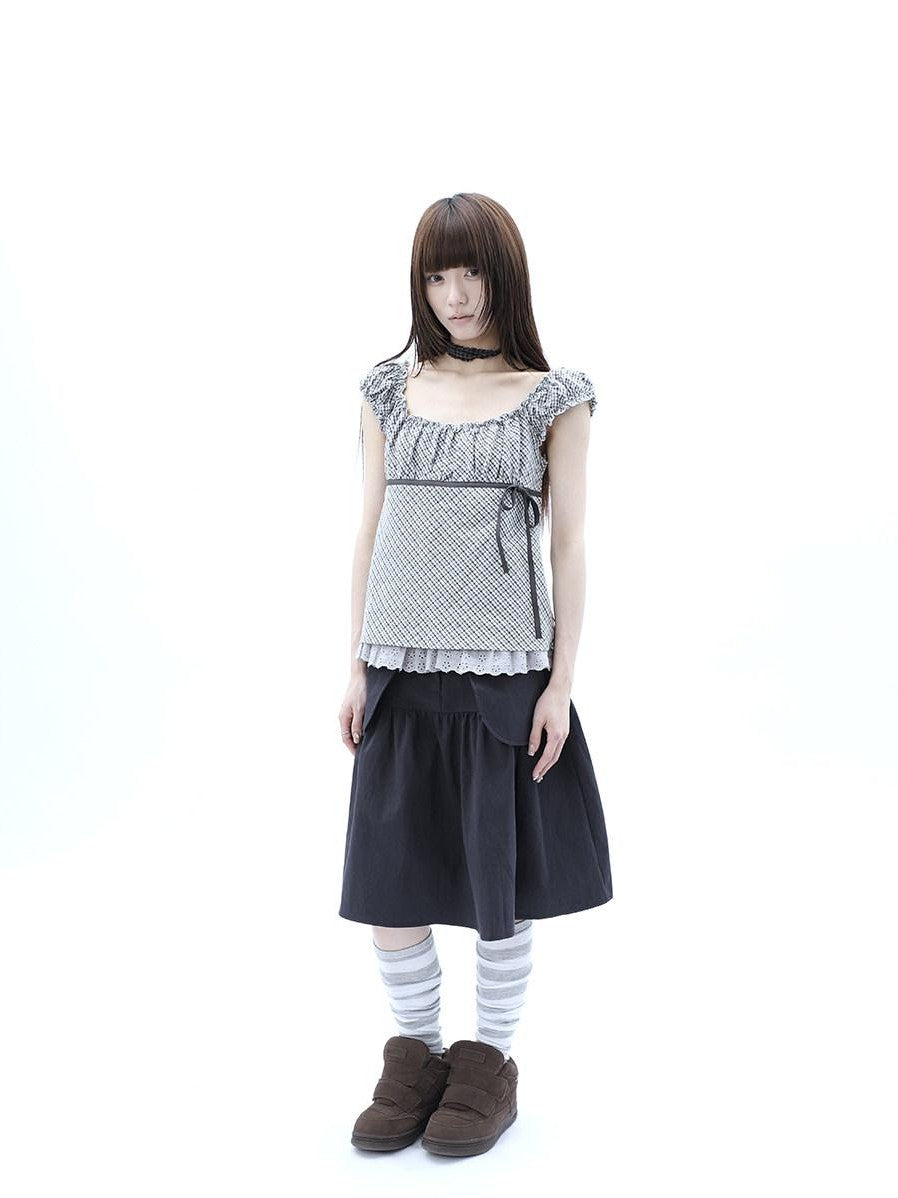 ang project Plaid Lace Spliced Bow Tie Square Neck Women&
