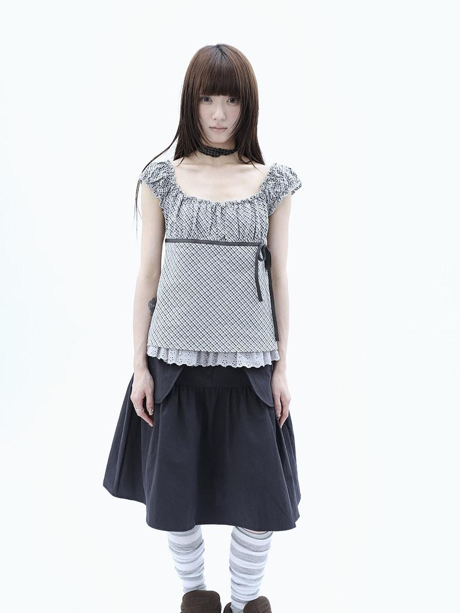 ang project Plaid Lace Spliced Bow Tie Square Neck Women&