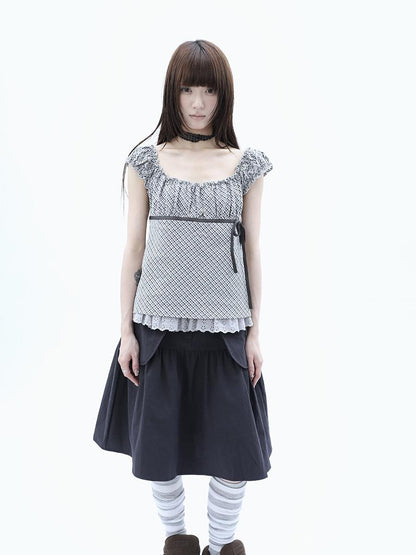 ang project Plaid Lace Spliced Bow Tie Square Neck Women&