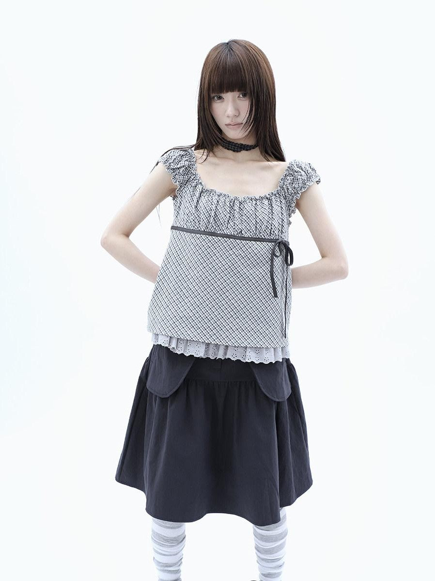 ang project Plaid Lace Spliced Bow Tie Square Neck Women&