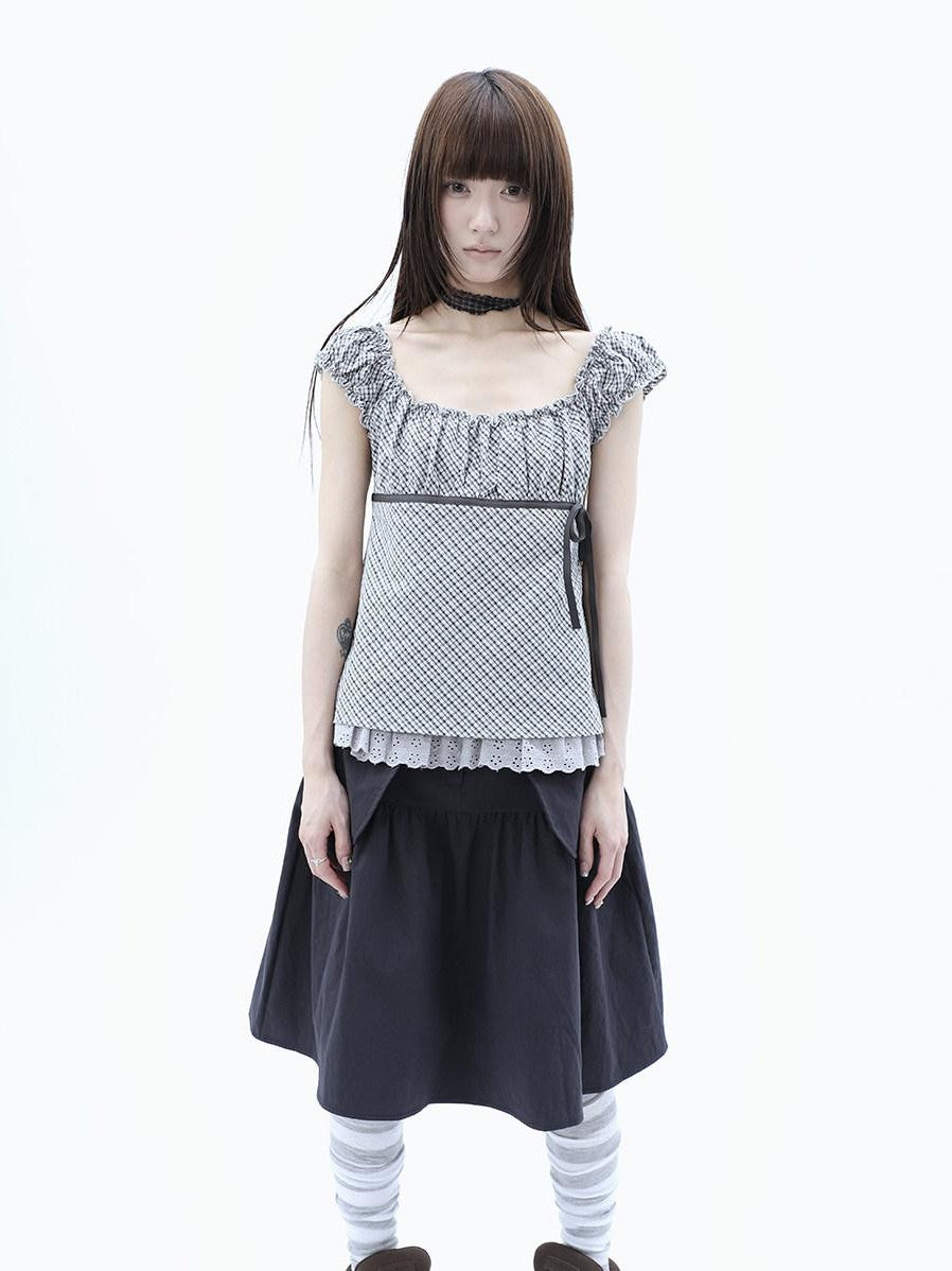 ang project Plaid Lace Spliced Bow Tie Square Neck Women&