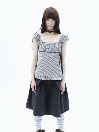 ang project Plaid Lace Spliced Bow Tie Square Neck Women&