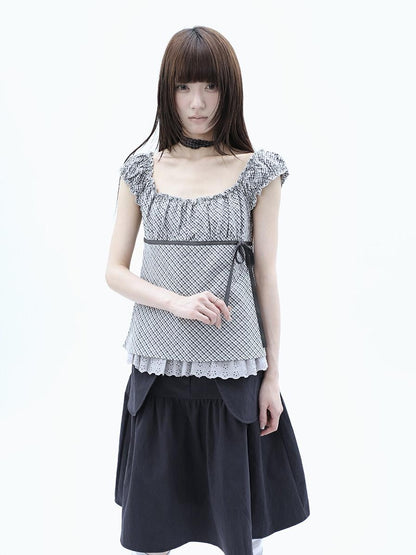 ang project Plaid Lace Spliced Bow Tie Square Neck Women&