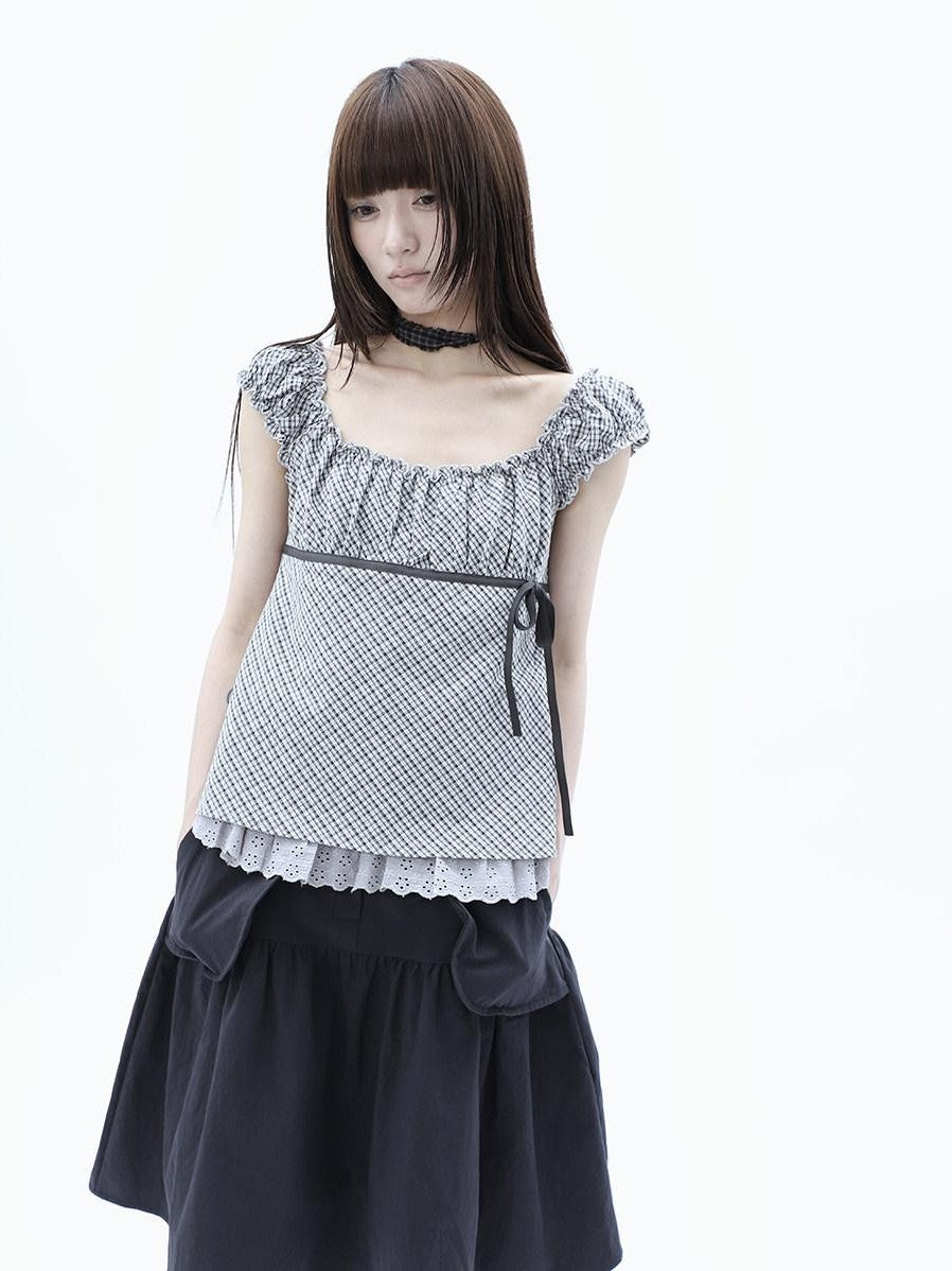 ang project Plaid Lace Spliced Bow Tie Square Neck Women&