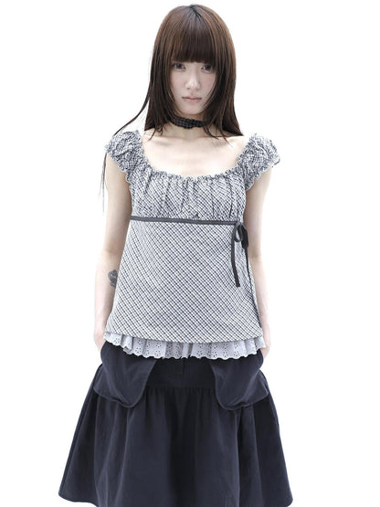ang project Plaid Lace Spliced Bow Tie Square Neck Women&