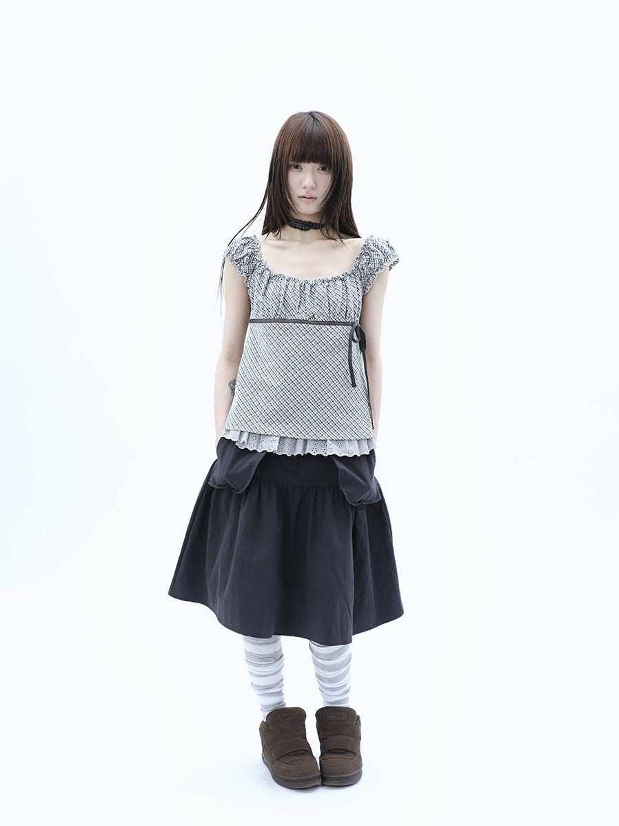 ang project Plaid Lace Spliced Bow Tie Square Neck Women&