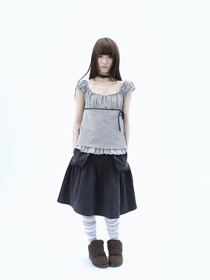 ang project Plaid Lace Spliced Bow Tie Square Neck Women&