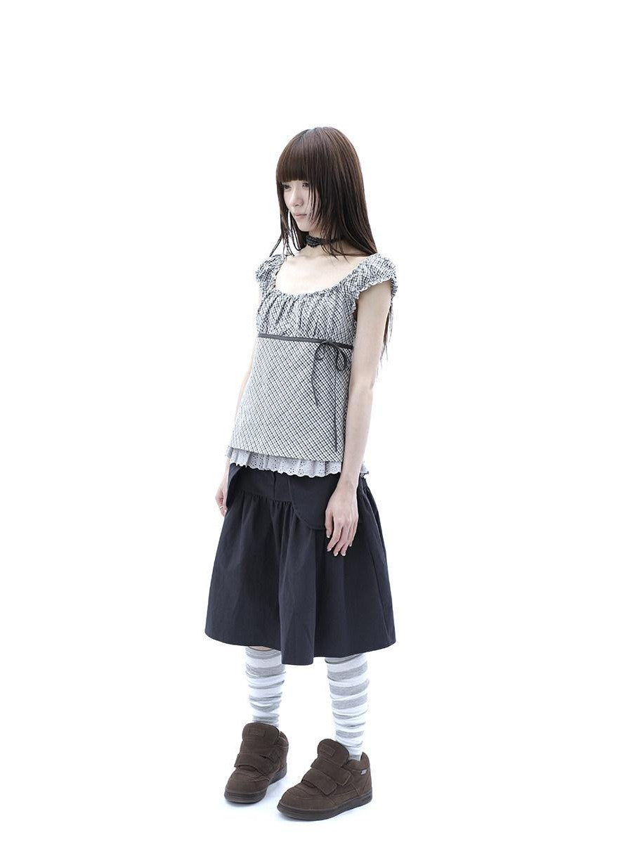 ang project Plaid Lace Spliced Bow Tie Square Neck Women&