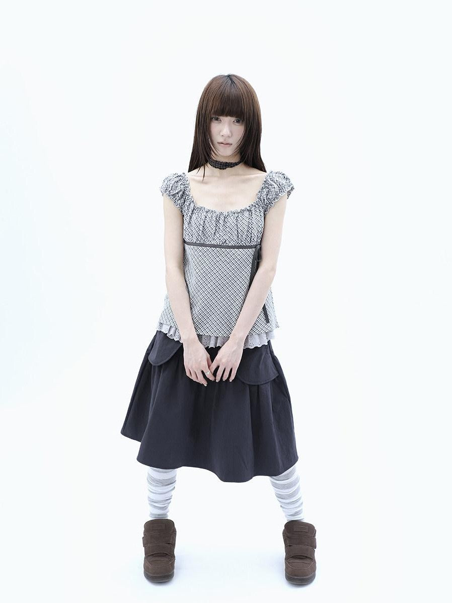 ang project Plaid Lace Spliced Bow Tie Square Neck Women&
