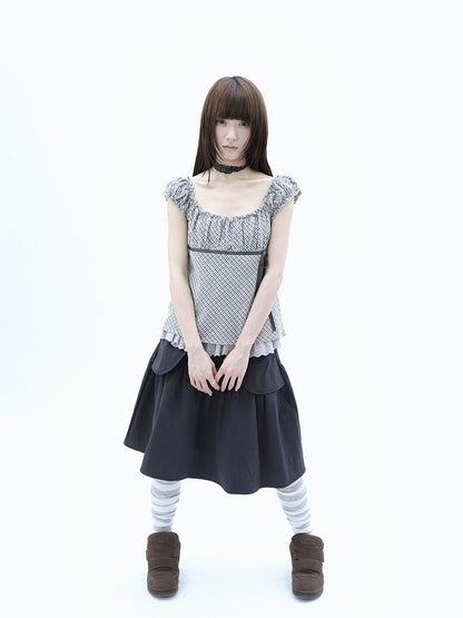 ang project Plaid Lace Spliced Bow Tie Square Neck Women&