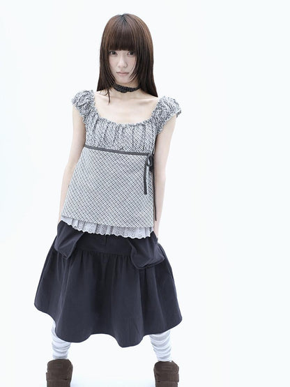 ang project Plaid Lace Spliced Bow Tie Square Neck Women&
