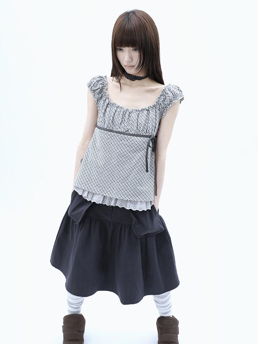 ang project Plaid Lace Spliced Bow Tie Square Neck Women&