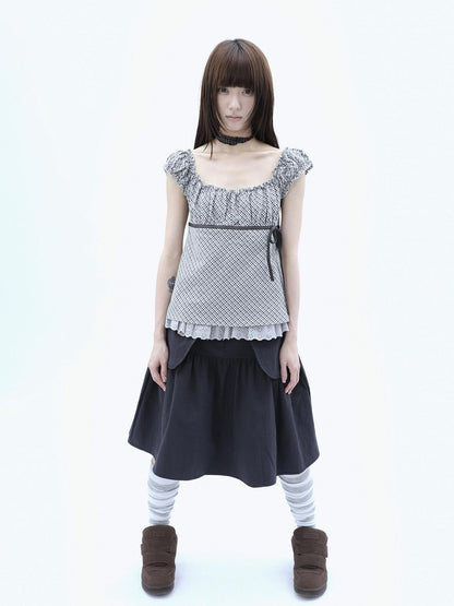 ang project Plaid Lace Spliced Bow Tie Square Neck Women&