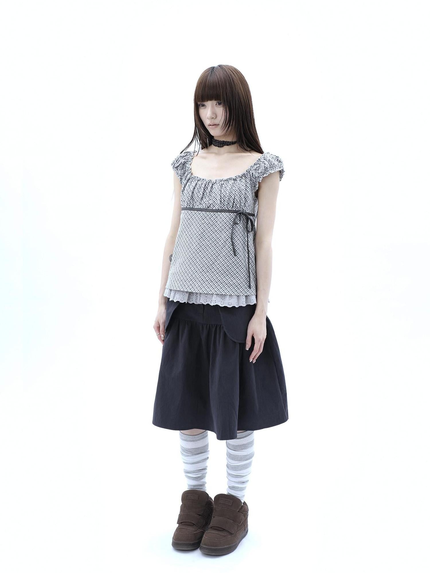 ang project Plaid Lace Spliced Bow Tie Square Neck Women&