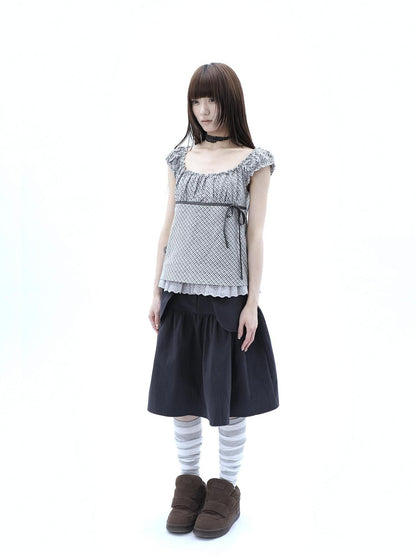 ang project Plaid Lace Spliced Bow Tie Square Neck Women&