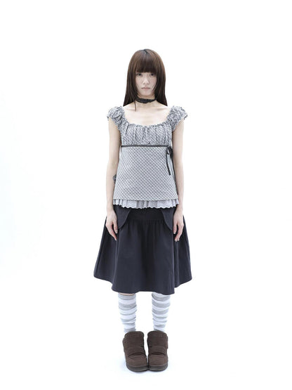 ang project Plaid Lace Spliced Bow Tie Square Neck Women&