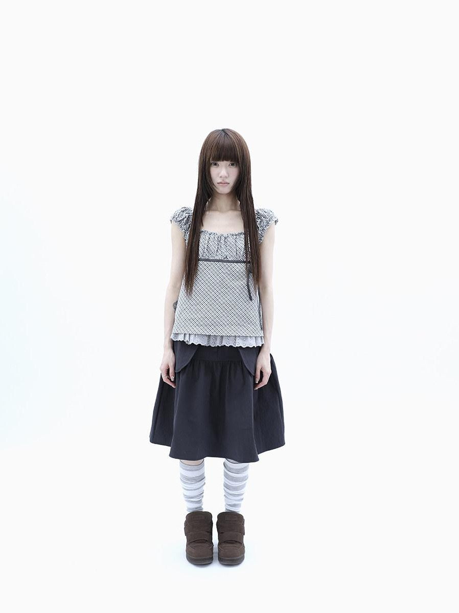 ang project Plaid Lace Spliced Bow Tie Square Neck Women&