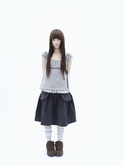 ang project Plaid Lace Spliced Bow Tie Square Neck Women&