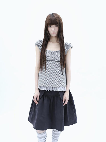 ang project Plaid Lace Spliced Bow Tie Square Neck Women&