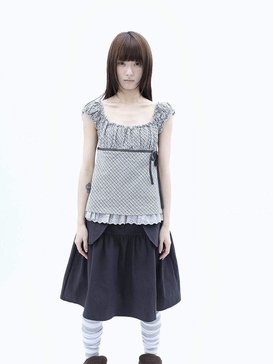 ang project Plaid Lace Spliced Bow Tie Square Neck Women&