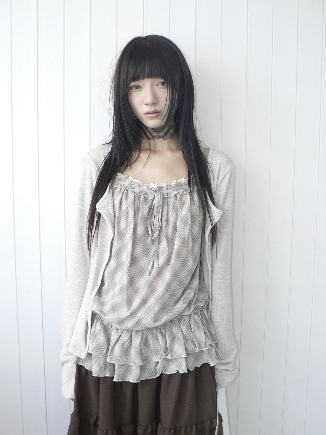 ang project Plaid Lace Trim Button Front Long Sleeve Two Piece Women&