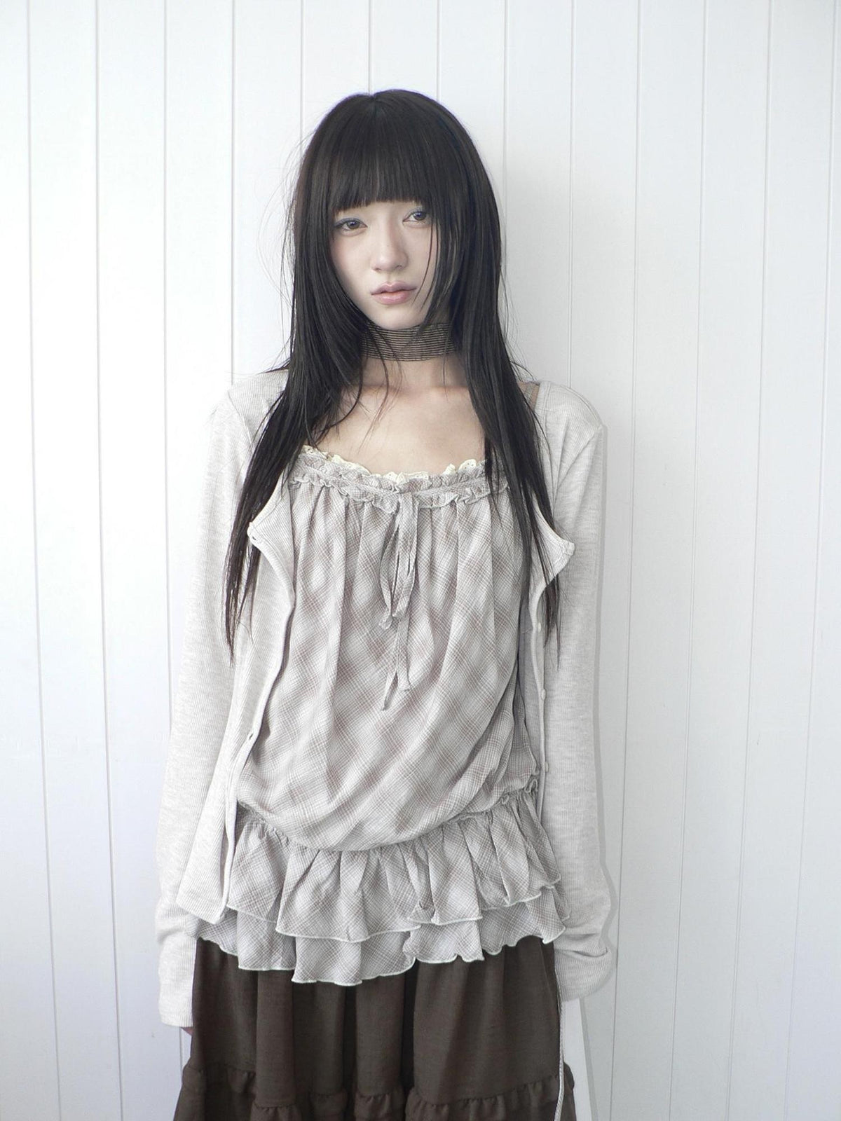ang project Plaid Lace Trim Button Front Long Sleeve Two Piece Women&